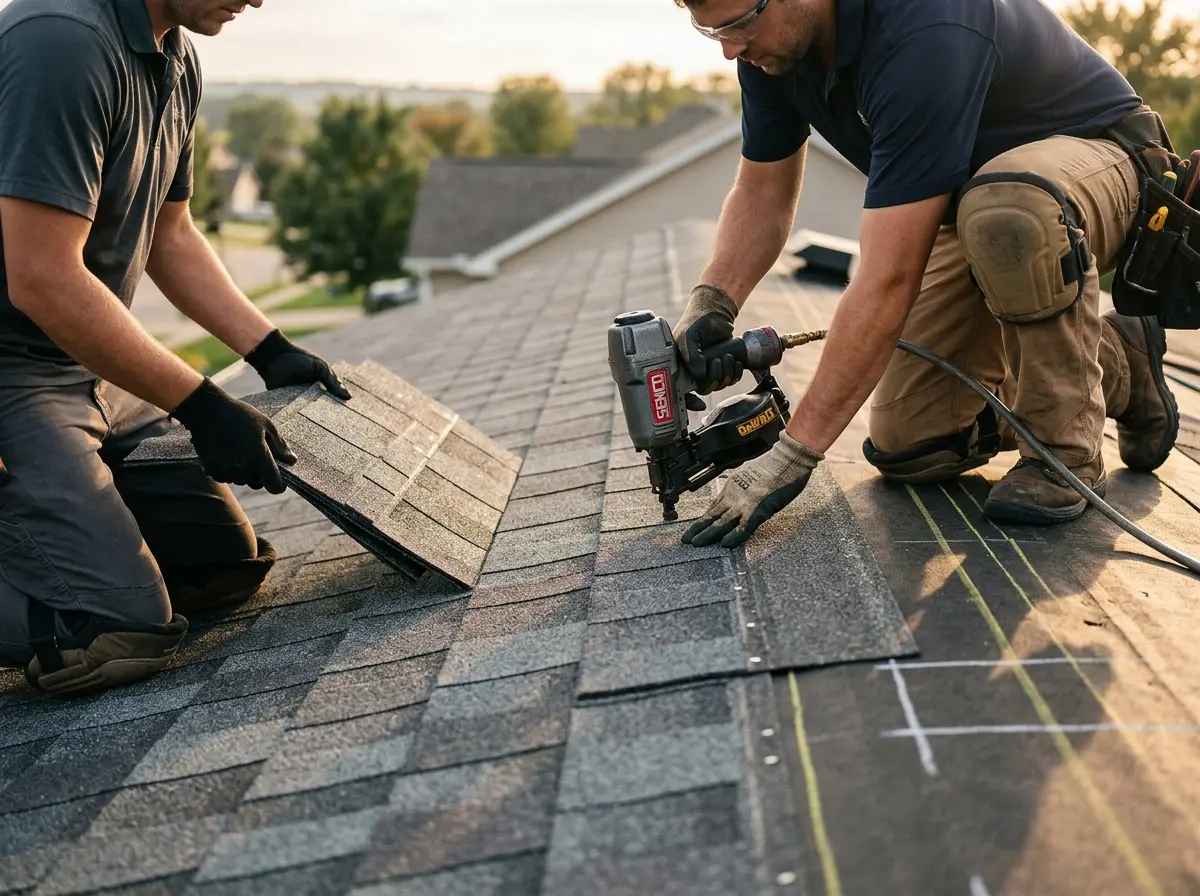 Professional roofer working on a residential roof in Tobyhanna